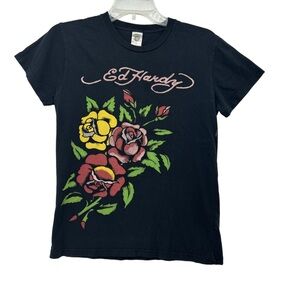 Ed Hardy Christian Audigier Vintage Black Tee with Bold Floral Graphics